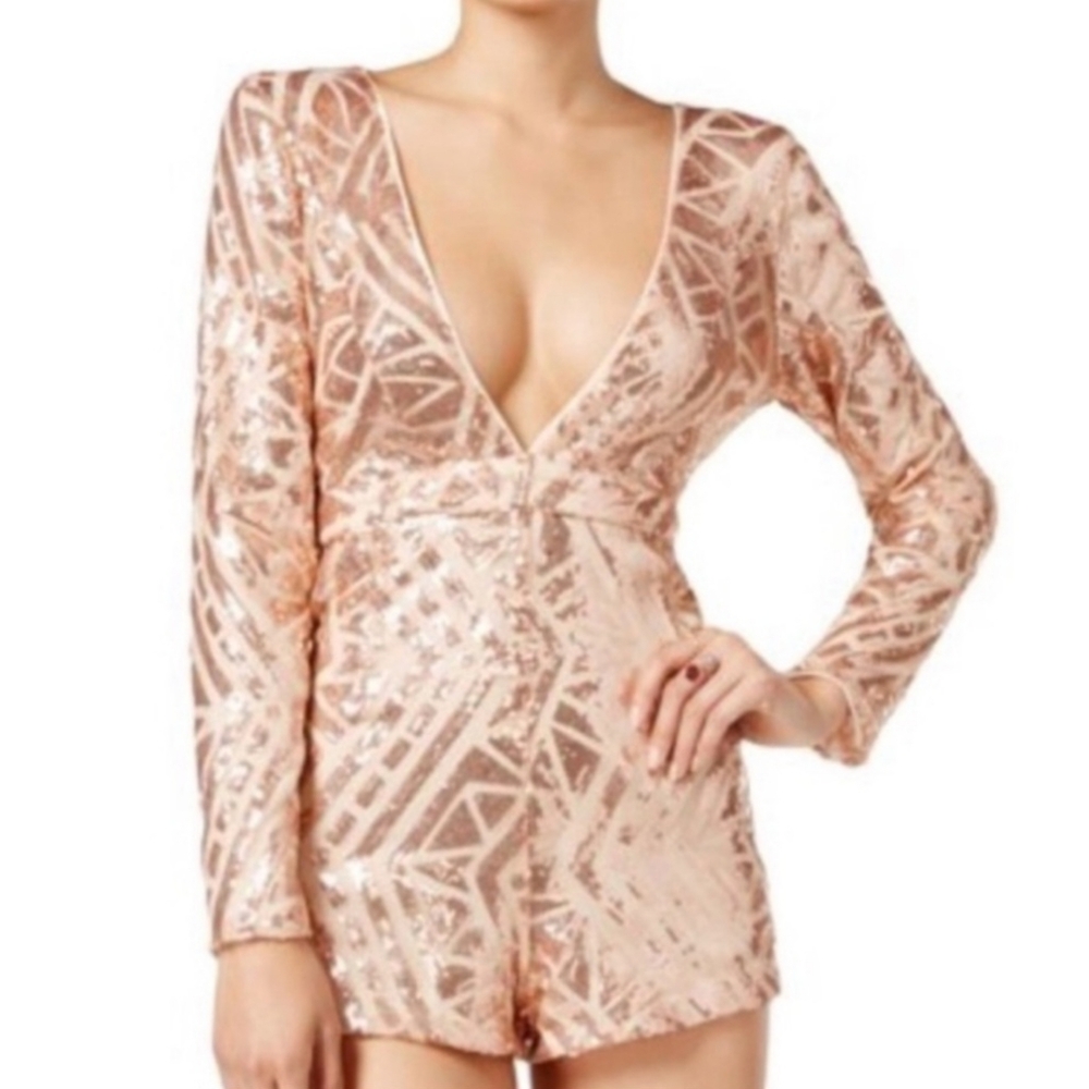 Crystal Doll Sequin Romper, Blush Champagne Gold, open back, zip closure, size 7